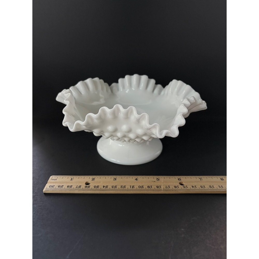 Fenton Hobnail | White Milk Glass | Ruffled Pedestal Candle Holder | Centerpiece - Picture 8 of 11
